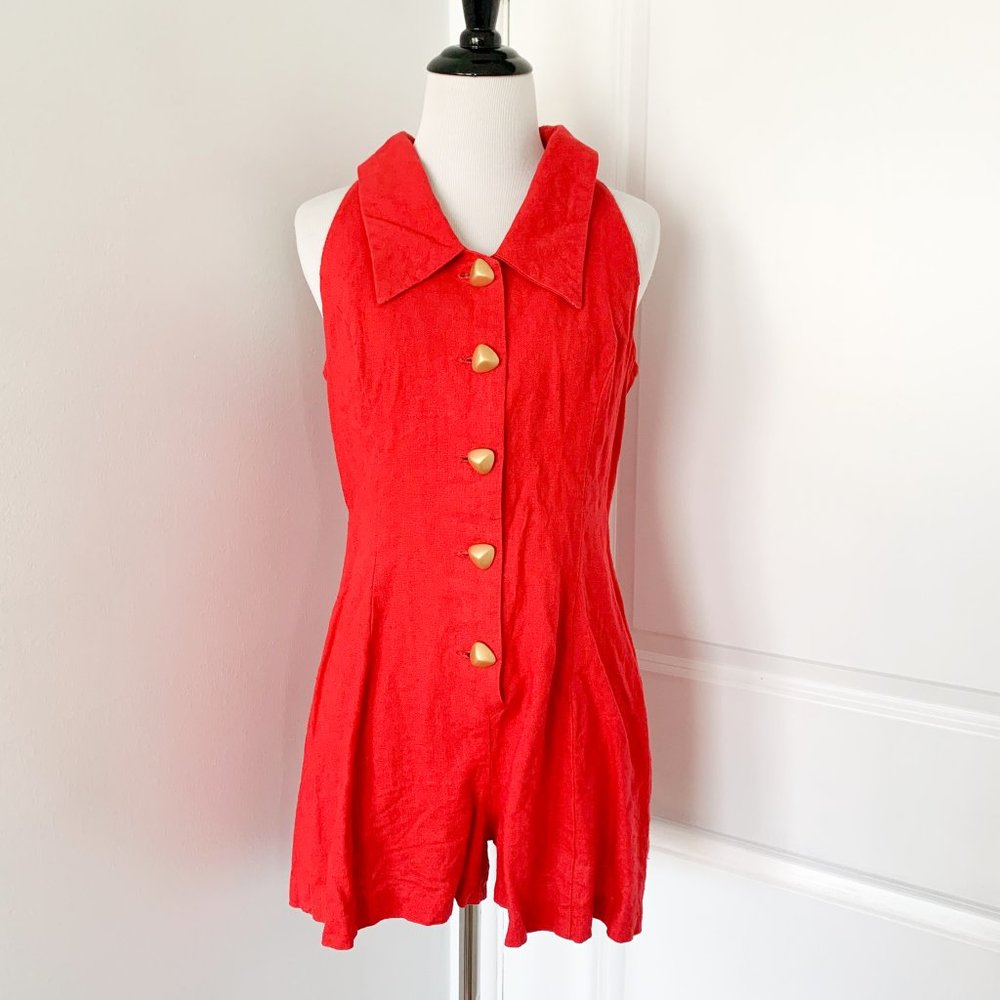 Vintage Alyn Paige Lace Up Back Button Down Romper